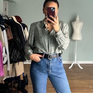 Vintage silk button down green and grey blouse